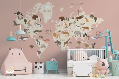 map with animals on a pink background - children’s wall mural
