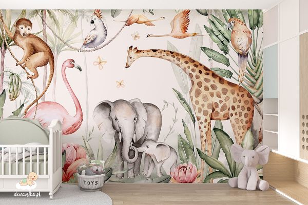 african animals among plants on a light background - children’s wall mural