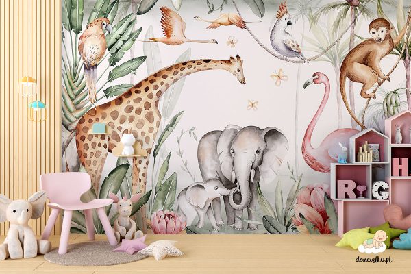 african animals among plants on a light background - children’s wall mural