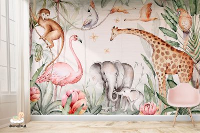 african animals among plants on a light background - children’s wall mural