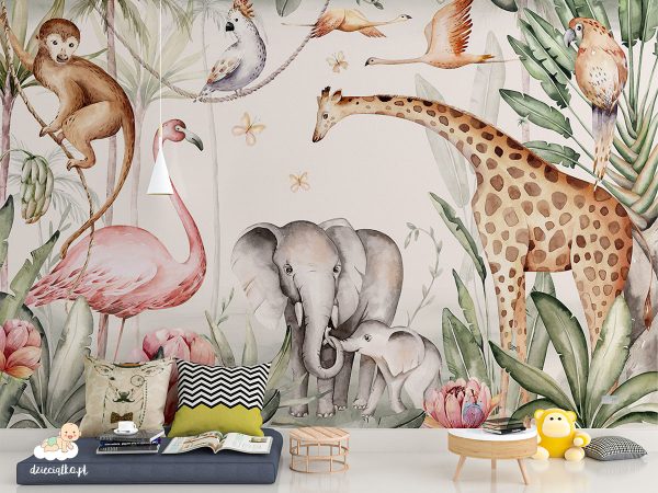 african animals among plants on a light background - children’s wall mural