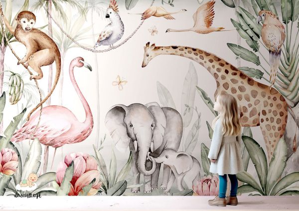 african animals among plants on a light background - children’s wall mural