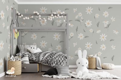 white daisy flowers on a colorful background - children’s wall mural