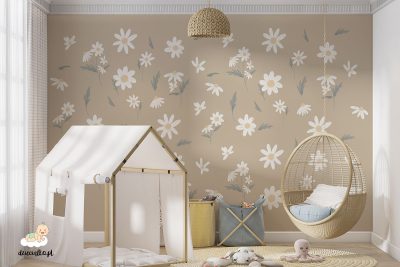 white daisy flowers on a colorful background - children’s wall mural