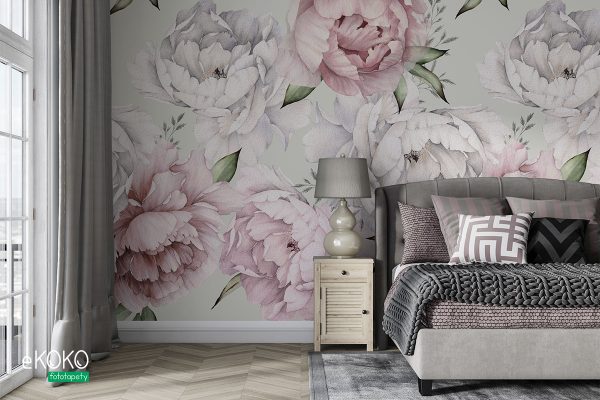 white and pink peonies on a pistachio background - wall mural