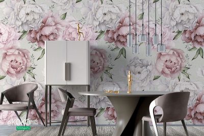 white and pink peonies on a pistachio background - wall mural