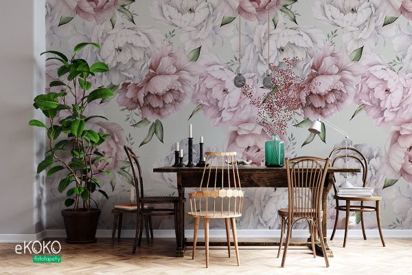 white and pink peonies on a pistachio background - wall mural