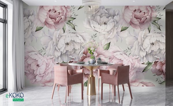 white and pink peonies on a pistachio background - wall mural