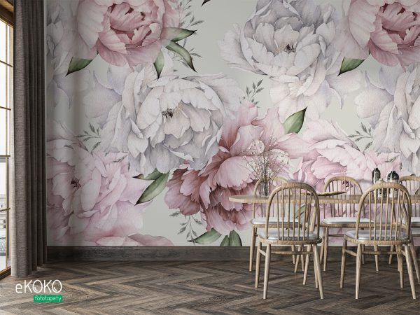 white and pink peonies on a pistachio background - wall mural