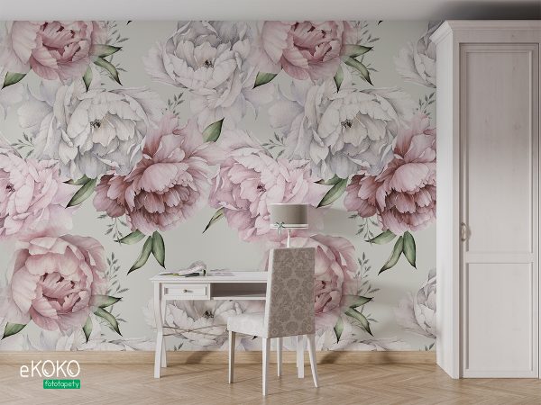 white and pink peonies on a pistachio background - wall mural