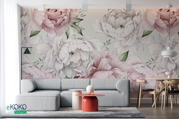 white and pink peonies on a pistachio background - wall mural