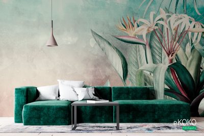 tropical leaves on green-gray background - wall mural