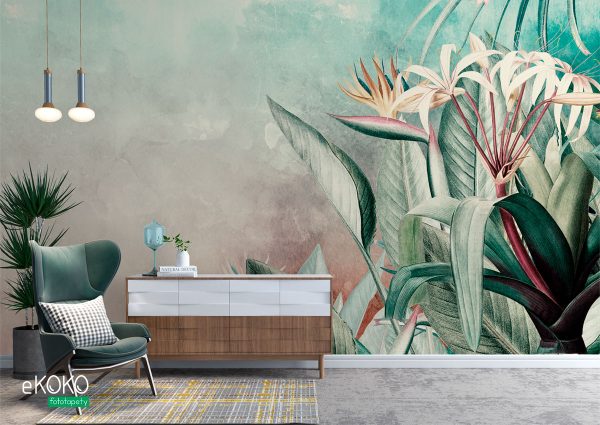 tropical leaves on green-gray background - wall mural