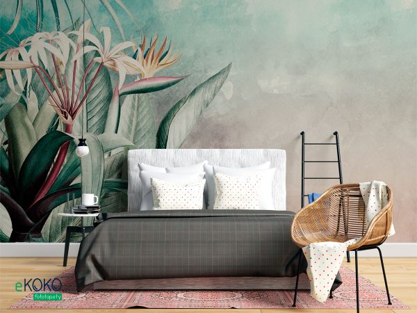 tropical leaves on green-gray background - wall mural