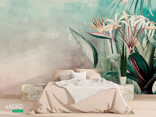 tropical leaves on green-gray background - wall mural