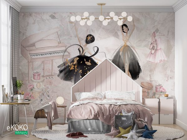 ballerinas in black dresses dancing against a pink background with a piano and trinkets - children’s wall mural