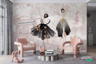 ballerinas in black dresses dancing against a pink background with a piano and trinkets - children’s wall mural