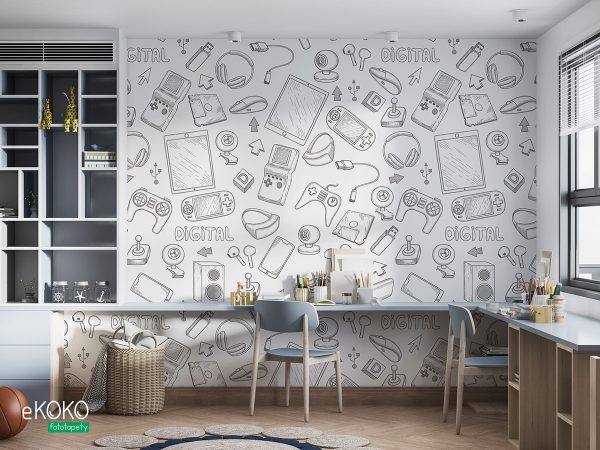 cartoon pattern of gadgets for the player - children’s wall mural