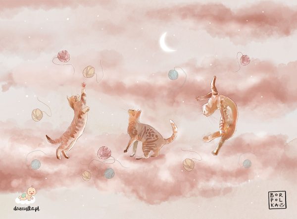 three cats play with colorful balls of yarn on a beige background - children’s wall mural