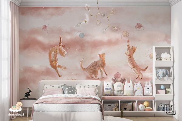 three cats play with colorful balls of yarn on a beige background - children’s wall mural