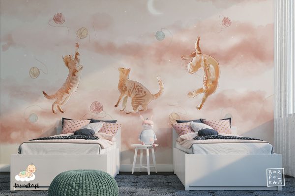 three cats play with colorful balls of yarn on a beige background - children’s wall mural