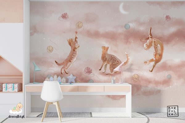 three cats play with colorful balls of yarn on a beige background - children’s wall mural