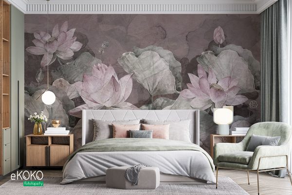 lotus flowers on purple background - wall mural