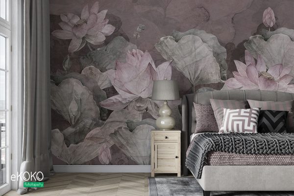 lotus flowers on purple background - wall mural