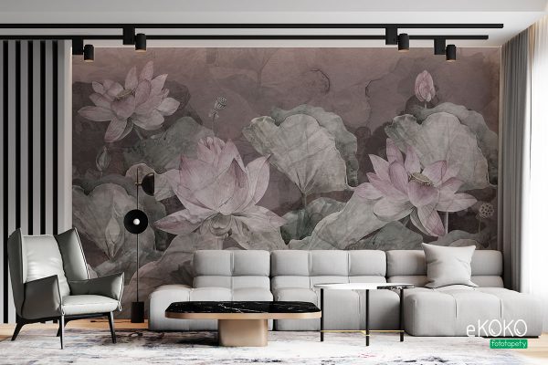 lotus flowers on purple background - wall mural