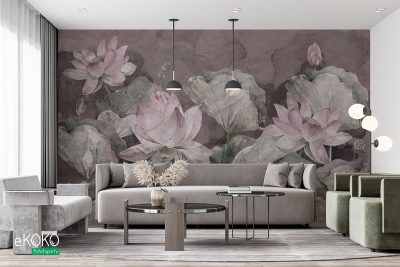 lotus flowers on purple background - wall mural