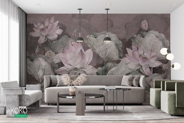 lotus flowers on purple background - wall mural