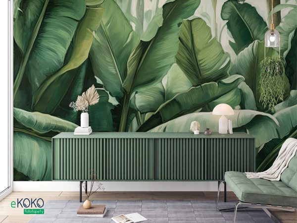 large green leaves on a light background – wall mural