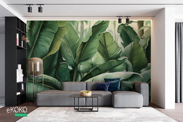 large green leaves on a light background – wall mural