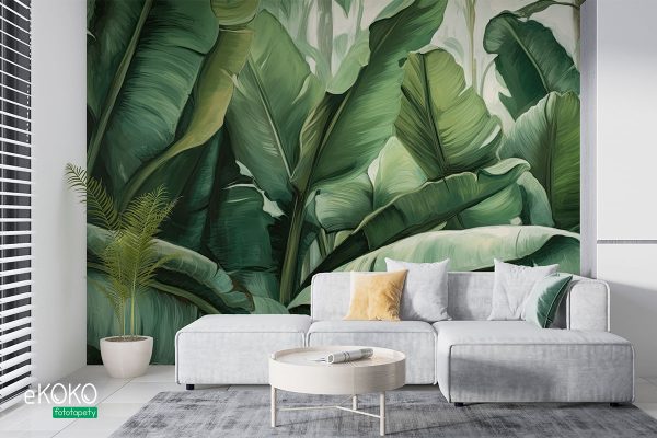 large green leaves on a light background – wall mural