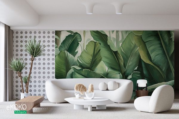 large green leaves on a light background – wall mural