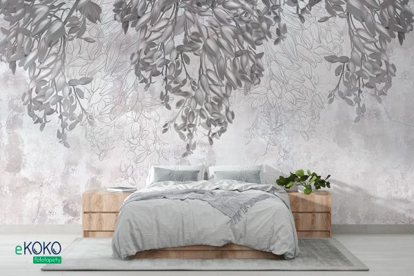 gray hanging flowers on light background - wall mural