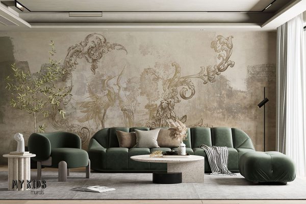 classic baroque patterns with birds on gray concrete background - wall mural