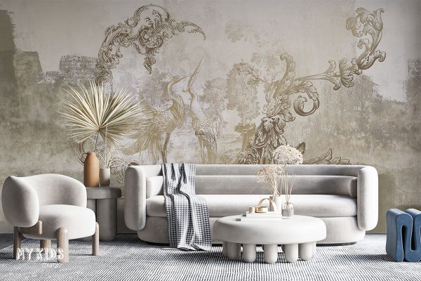 classic baroque patterns with birds on gray concrete background - wall mural