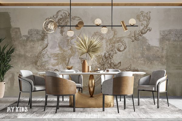 classic baroque patterns with birds on gray concrete background - wall mural