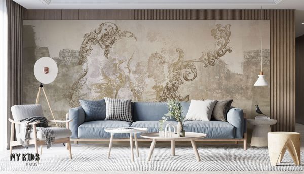 classic baroque patterns with birds on gray concrete background - wall mural