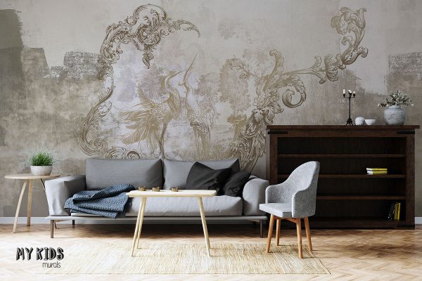 classic baroque patterns with birds on gray concrete background - wall mural