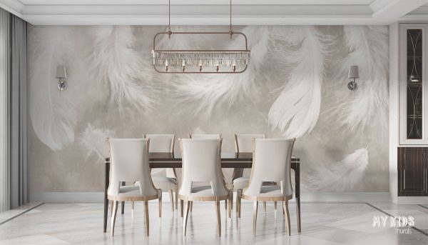 white feathers on beige background - wall mural