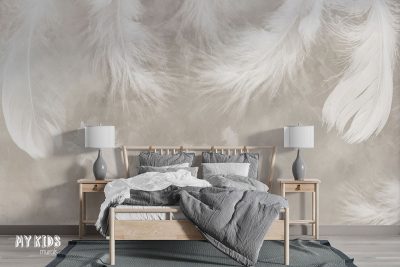 white feathers on beige background - wall mural