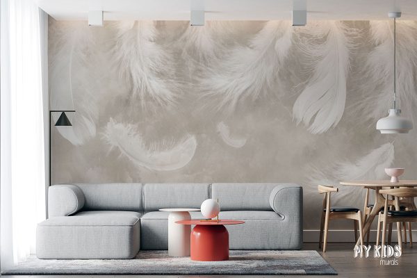 white feathers on beige background - wall mural