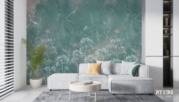 white wildflowers on green-pink background - wall mural