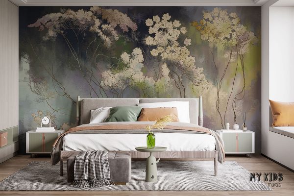 bright wild flowers on multicolored dark background - wall mural