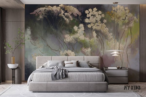 bright wild flowers on multicolored dark background - wall mural