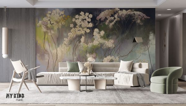 bright wild flowers on multicolored dark background - wall mural