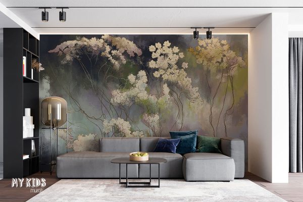 bright wild flowers on multicolored dark background - wall mural