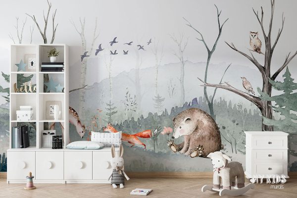 green forest glade with animals - children’s wall mural